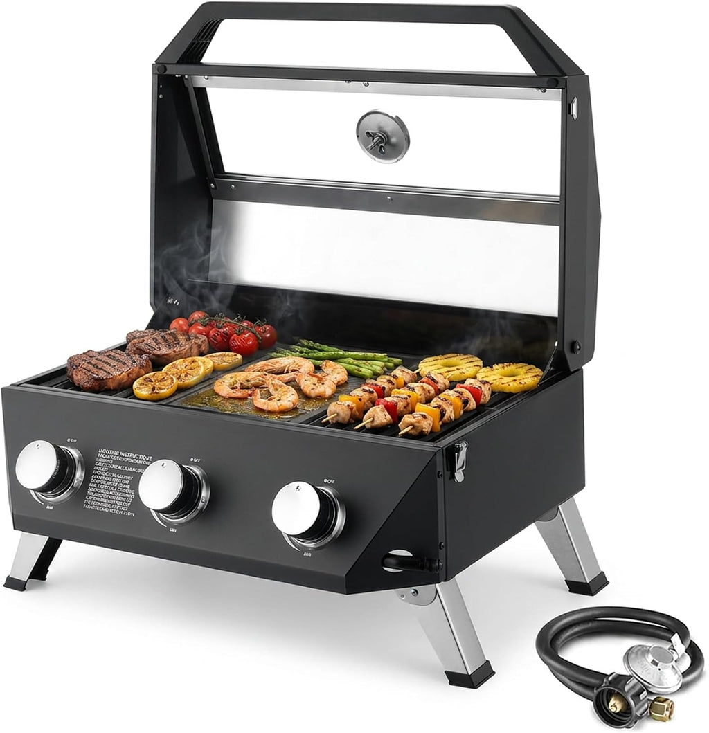 Compact 3-Burner Propane Gas Grill Griddle Combo