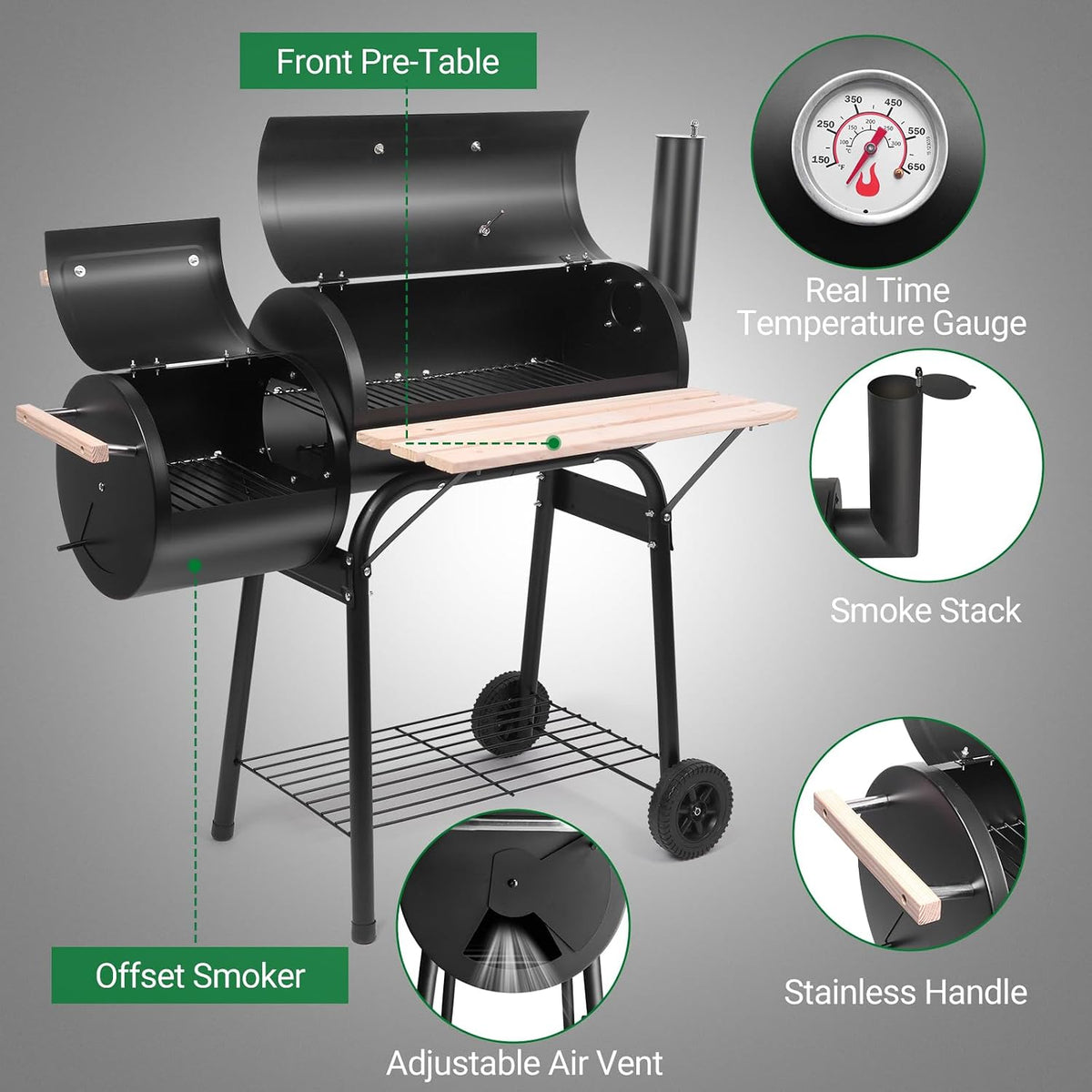 Wheeled Offset Charcoal BBQ Smoker