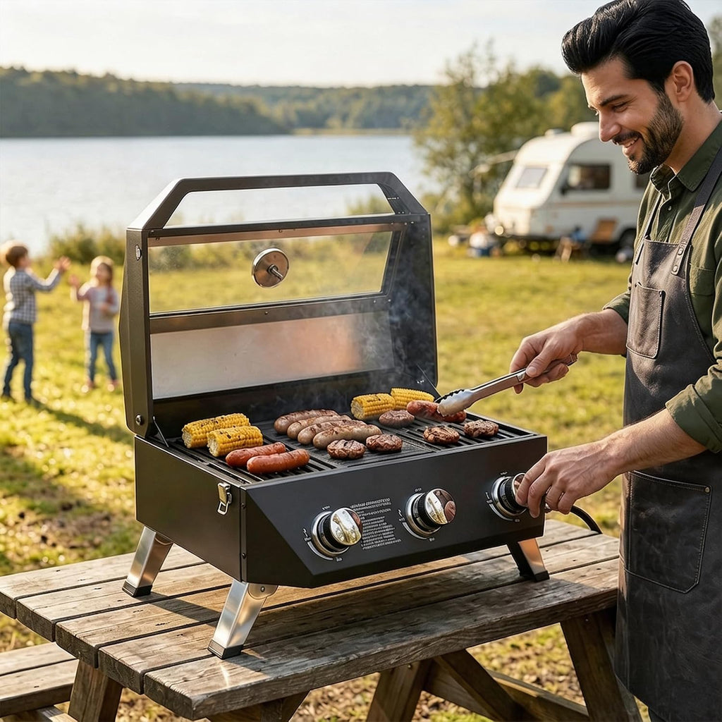 Compact 3-Burner Propane Gas Grill Griddle Combo