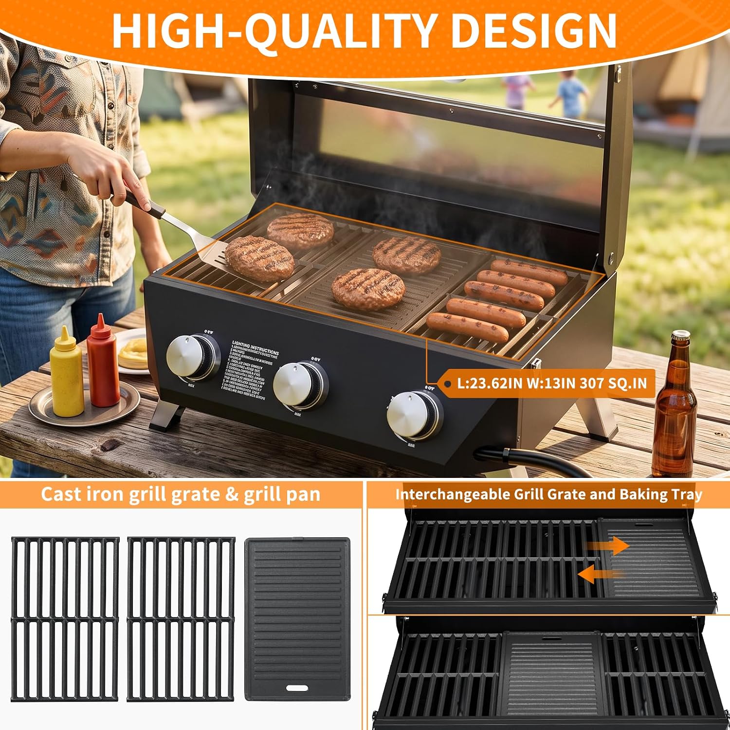 Compact 3-Burner Propane Gas Grill Griddle Combo