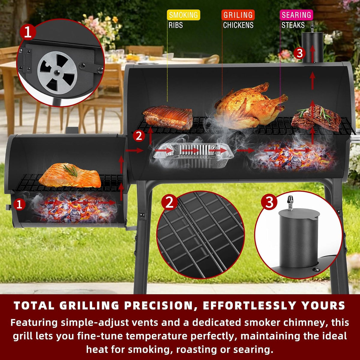 Offset Charcoal Grill Smoker with Side Table