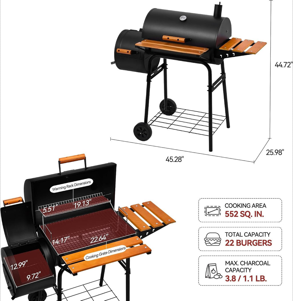 Barrel Offset Charcoal Smoker Grill